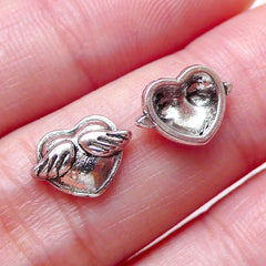 CLEARANCE Heart with Wing Floating Charms / Mini Winged Heart Cabochons (3pcs / 10mm x 7mm / Tibetan Silver) Nail Art Nail Decoration Scrapbook NAC250