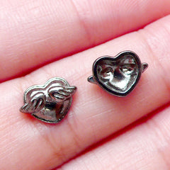 Tiny Winged Heart Floating Charms / Mini Heart with Wing Cabochons (3pcs / 10mm x 7mm / Black Silver) Nail Art Nail Deco Scrapbooking NAC251