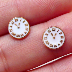 Tiny Clock Cabochon / Clock Floating Charm (2pcs / 8mm / Gold and White Enamel) Whimsical Nail Art Nail Deco Scrapbook DIY Earrings NAC272