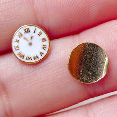 Tiny Clock Cabochon / Clock Floating Charm (2pcs / 8mm / Gold and White Enamel) Whimsical Nail Art Nail Deco Scrapbook DIY Earrings NAC272