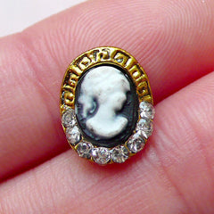 Tiny Victorian Lady Cameo Cabochon with Rhinestones (1 piece / 9mm x 12mm / Gold) Nail Art Nail Decoration Scrapbook Embellishment NAC258