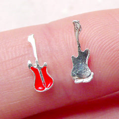 CLEARANCE Tiny Guitar Cabochon / Guitar Floating Charm (2pcs / 4mm x 10mm / Silver with Red Enamel) Nail Art Nail Deco Scrapbook Embellishment NAC276