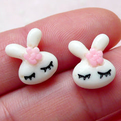 Tiny Bunny Cabochon / Mini Rabbit with Flower Cabochon (2pcs / 10mm x 12mm / White) Nail Art Card Decoration Scrapbooking DIY Earring NAC264