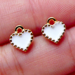 Mini Heart Enamel Charms / Heart Drop (2pcs / 8mm x 8mm / Gold & White) Necklace Bracelet Bangle Anklet Earring Keychain Favor Charm CHM1513