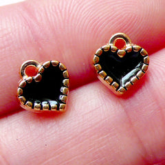 Tiny Heart Drop / Love Enamel Charms (2pcs / 8mm x 8mm / Gold & Black) Necklace Bracelet Bangle Anklet Earring Wine Glass Charm CHM1515