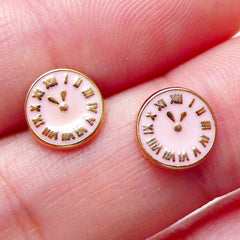 Mini Clock Cabochon / Clock Floating Charm (2pcs / 8mm / Gold and Pink Enamel) Nail Art Card Decoration Scrapbooking Embellishment NAC271