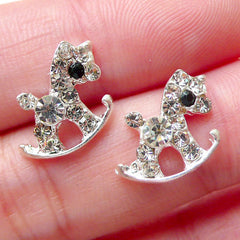 CLEARANCE Rocking Horse Floating Charms with Bling Bling Clear Rhinestones (2pcs / 13mm x 12mm / Silver) Nail Art Nail Decoration DIY Earrings NAC278