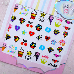 Kawaii Sweets Nail Sticker (Ice Cream, Cake, Cherry, Diamond, Winged Heart, Crown) Nail Art Nail Decoration Manicure Kawaii Diary Deco S257