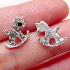 CLEARANCE Rocking Horse Floating Charms with Bling Bling Clear Rhinestones (2pcs / 13mm x 12mm / Silver) Nail Art Nail Decoration DIY Earrings NAC278
