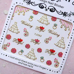 Wedding Nail Sticker (Bridal Gown Dress, Rose, Diamond Ring / Gold) Nail Art Nail Decoration Embellishment Diary Deco DIY Card Manicure S253