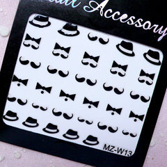 Mustache Nail Decoration / Whimsical Nail Art / Kitsch Nail Sticker / Nail Accessory / Manicure Scrapbooking Bow Tie Gentleman Hat S268
