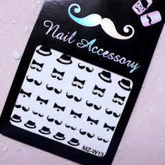 Mustache Nail Decoration / Whimsical Nail Art / Kitsch Nail Sticker / Nail Accessory / Manicure Scrapbooking Bow Tie Gentleman Hat S268