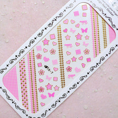 Cute Nail Sticker (Star Heart Flower Square Houndstooth / Gold & Pink) Kawaii Nail Art Nail Deco Diary Decoration Manicure Scrapbooking S282