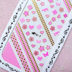 Cute Nail Sticker (Star Heart Flower Square Houndstooth / Gold & Pink) Kawaii Nail Art Nail Deco Diary Decoration Manicure Scrapbooking S282