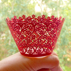 Flower Lace Cupcake Wrappers / Laser Cut Filigree Cupcake Wrapper (Red / 6pcs) Cake Deco Cupcake Decoration Packaging Wedding Party CUP30