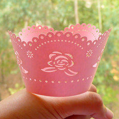 CLEARANCE Pink Rose Cupcake Wrappers / Laser Cut Floral Cupcake Wrapper (Pink / 6pcs) Baby Shower Cake Deco Wedding Party Cupcake Decoration CUP32