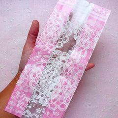 Pink Cello Bags w/ Doily Pattern (20 pcs / Pink) Lovely Treat Bags Plastic Cellophane Bags Gift Wrap Packaging Supplies (10cm x 20cm) GB119