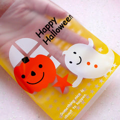 Halloween Gift Bags w/ Cute Pumpkin & Ghost (20pcs / Yellow) Plastic Treat Bags Gift Packaging Product Wrapping (11.5cm x 14.5cm) GB126