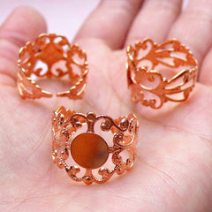 CLEARANCE Adjustable Filigree Ring Blank Findings with 8mm Glue On Pad (5 pcs / Rose Gold) Adjust Ring Base Jewellery Making Jewelry Findings F267