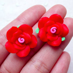 CLEARANCE Polymer Clay Flower / Rose Cabochon (2pcs / 20mm / Red / Flat Back) Earring Ring Hair Pin Jewelry DIY Fimo Bead Making Wedding Decor CAB400