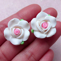 Rose Cabochon / Polymer Clay Flower (2pcs / 20mm / White / Flat Back) Earrings Ring Hair Clip Fimo Jewellery DIY Wedding Decoration CAB401
