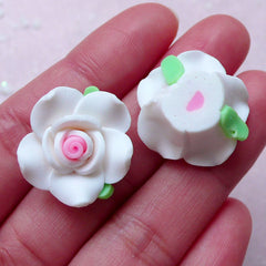 Rose Cabochon / Polymer Clay Flower (2pcs / 20mm / White / Flat Back) Earrings Ring Hair Clip Fimo Jewellery DIY Wedding Decoration CAB401