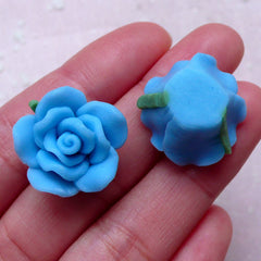CLEARANCE Flower Cabochon / Polymer Clay Rose (2pcs / 20mm / Blue / Flat Back) Earrings Ring Hairclip Fimo Jewelry Supplies Cellphone Deco DIY CAB402