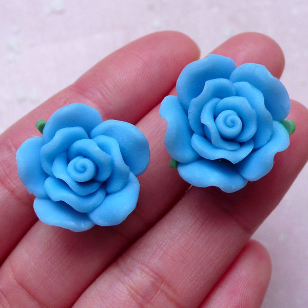 CLEARANCE Flower Cabochon / Polymer Clay Rose (2pcs / 20mm / Blue / Flat Back) Earrings Ring Hairclip Fimo Jewelry Supplies Cellphone Deco DIY CAB402