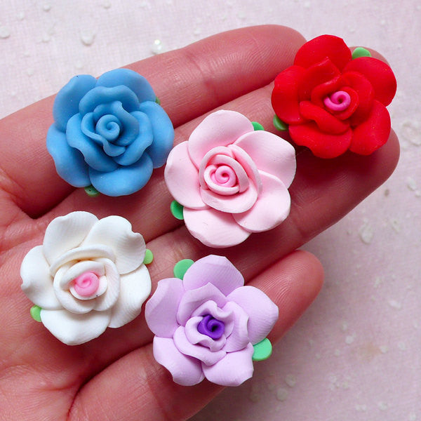 Polymer Clay Rose Cabochon / Fimo Flower (5pcs / 20mm / Mix / Flat Back) Floral Earrings Ring Hair Clip DIY Embellishment Scrapbook CAB405