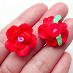 CLEARANCE Polymer Clay Flower / Rose Cabochon (2pcs / 20mm / Red / Flat Back) Earring Ring Hair Pin Jewelry DIY Fimo Bead Making Wedding Decor CAB400