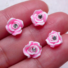 Tiny Floral Cabochon w/ Clear Rhinestones (4pcs / 8mm / Pink / Flat Back) Flower Nail Art Wedding Bridal Nail Deco Rose Jewellery NAC285