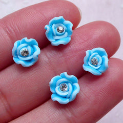 Mini Floral Cabochon w/ Clear Rhinestones (4pcs / 8mm / Blue / Flatback) Polymer Clay Rose Nail Art Nail Decoration Flower Jewelry NAC286