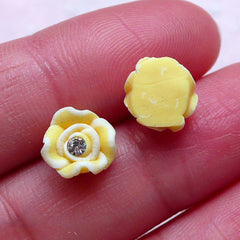 CLEARANCE Small Rose Cabochon w/ Clear Rhinestones (4pcs / 8mm / Yellow / Flatback) Fimo Floral Nail Art Flower Nail Decoration Bridal Jewelry NAC288