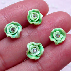 CLEARANCE Small Flower Cabochon w/ Clear Rhinestones (4pcs / 8mm / Green / Flatback) Fimo Rose Nail Art Floral Polymer Clay Nail Deco Scrapbook NAC289