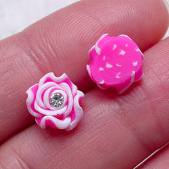 CLEARANCE Mini Flower Cabochon w/ Clear Rhinestones (4pcs / 8mm / Dark Pink / Flat Back) Rose Earrings DIY Floral Jewelry Nail Art Scrapbooking NAC281