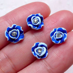 CLEARANCE Tiny Flower Cabochon w/ Clear Rhinestones (4pcs / 8mm / Dark Blue / Flat Back) Floral Earrings Rose Jewelry Nail Deco Embellishment NAC282
