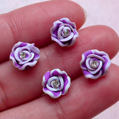 CLEARANCE Tiny Rose Cabochon w/ Clear Rhinestones (4pcs / 8mm / Purple / Flat Back) Floral Nail Art Bling Bling Nail Deco Fimo Flower Jewellery NAC284