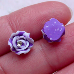 CLEARANCE Tiny Rose Cabochon w/ Clear Rhinestones (4pcs / 8mm / Purple / Flat Back) Floral Nail Art Bling Bling Nail Deco Fimo Flower Jewellery NAC284