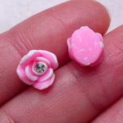 Tiny Floral Cabochon w/ Clear Rhinestones (4pcs / 8mm / Pink / Flat Back) Flower Nail Art Wedding Bridal Nail Deco Rose Jewellery NAC285