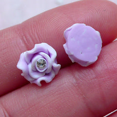 Small Floral Cabochon w/ Clear Rhinestones (4pcs / 8mm / Light Purple / Flatback) Fimo Flower Nail Art Rose Nail Deco Bridal Jewelry NAC287
