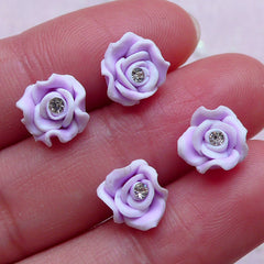 Small Floral Cabochon w/ Clear Rhinestones (4pcs / 8mm / Light Purple / Flatback) Fimo Flower Nail Art Rose Nail Deco Bridal Jewelry NAC287