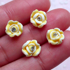 CLEARANCE Small Rose Cabochon w/ Clear Rhinestones (4pcs / 8mm / Yellow / Flatback) Fimo Floral Nail Art Flower Nail Decoration Bridal Jewelry NAC288