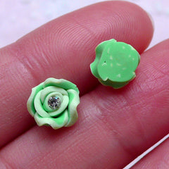 CLEARANCE Small Flower Cabochon w/ Clear Rhinestones (4pcs / 8mm / Green / Flatback) Fimo Rose Nail Art Floral Polymer Clay Nail Deco Scrapbook NAC289