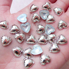 Acrylic Puffy Heart Cabochons (25pcs / 10mm / Silver / Flat Back) Kawaii Cellphone Case Deco Decoden Supplies Wedding Table Scatter CAB416