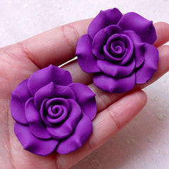 Polymer Clay Flower Cabochons (2pcs / 39mm / Purple / Flatback) Big Fimo Rose Earrings Ring DIY Floral Jewellery Supply Embellishment CAB418