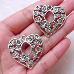 Heart with Flower Charm (2pcs / 32mm x 30mm / Tibetan Silver) Valentines Day Favor Wedding Floral Jewelry Necklace Gift Decoration CHM1545