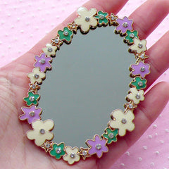 CLEARANCE Huge Metal Mirror Cabochon with Flower & Rhinestones (Oval / 57mm x 80mm) Kawaii Cabochon Miniature Mirror Phone Case Decoration CAB004