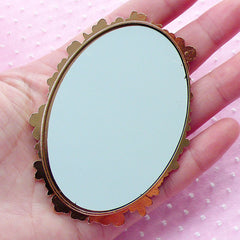 CLEARANCE Huge Metal Mirror Cabochon with Flower & Rhinestones (Oval / 57mm x 80mm) Kawaii Cabochon Miniature Mirror Phone Case Decoration CAB004