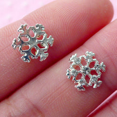 Tiny Snowflakes Cabochon Set (2pcs) (Silver w/ Clear Rhinestones) Fake Miniature Cupcake Topper Earring Making Nail Art Decoration NAC028