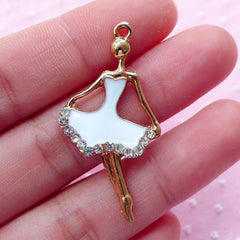 CLEARANCE Ballerina Metal Cabochon / Charms (White & Gold) Ballet Dancer w/ Clear Rhinestones (39mm x 20mm) Jewelry Making Cell Phone Decoden CHM078